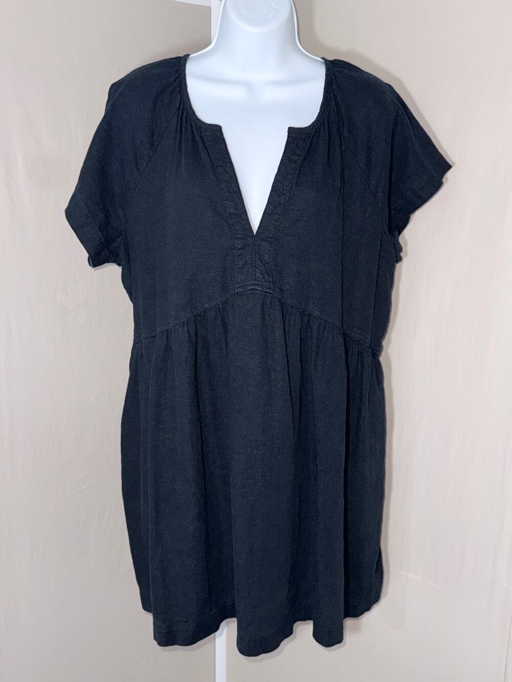 Universal Thread Black Linen Blend Split Neck Babydoll Tunic Blouse XL